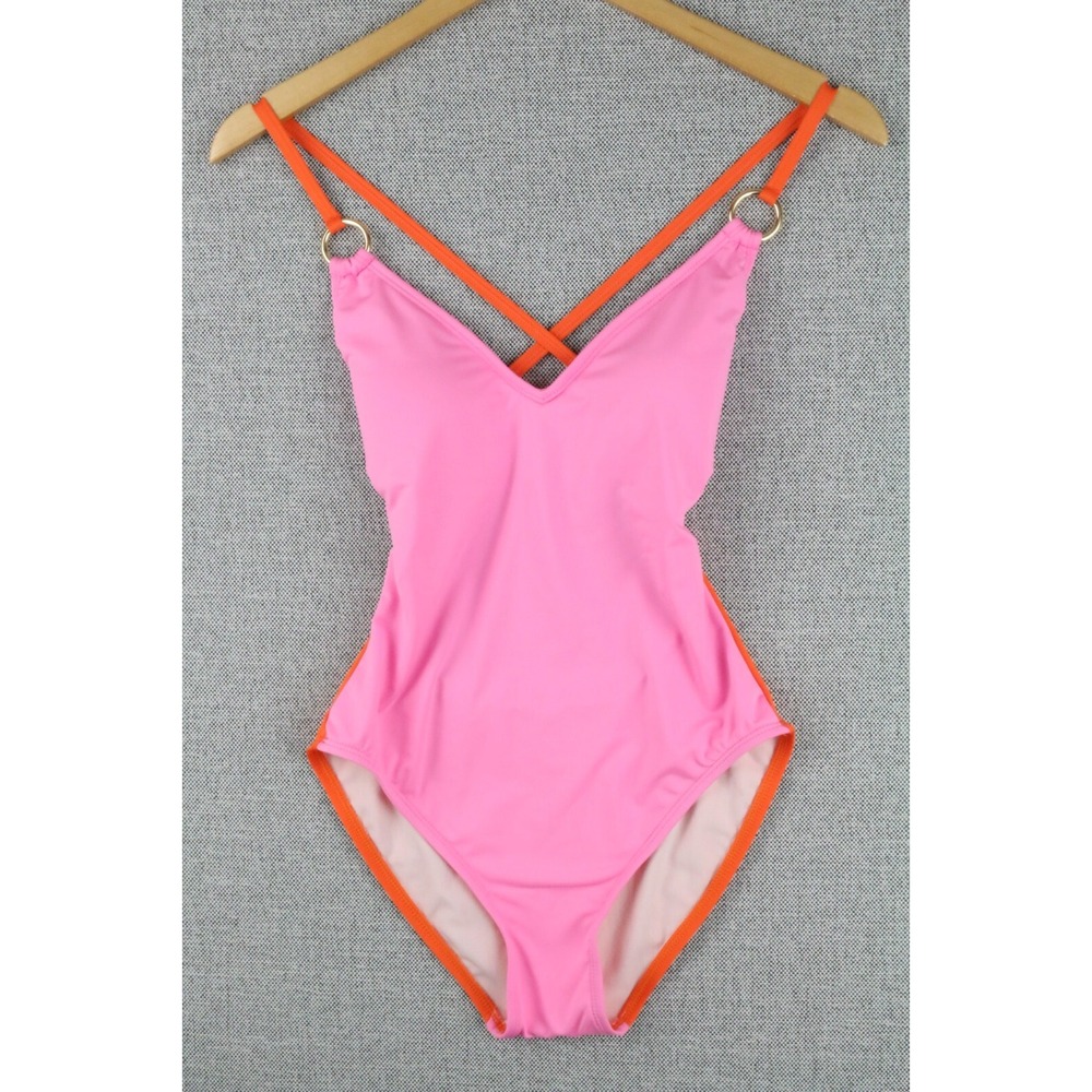 Kate Spade Womens Plunge Halter One-piece Swimsuit Pink Orange  Size S Lined NWT